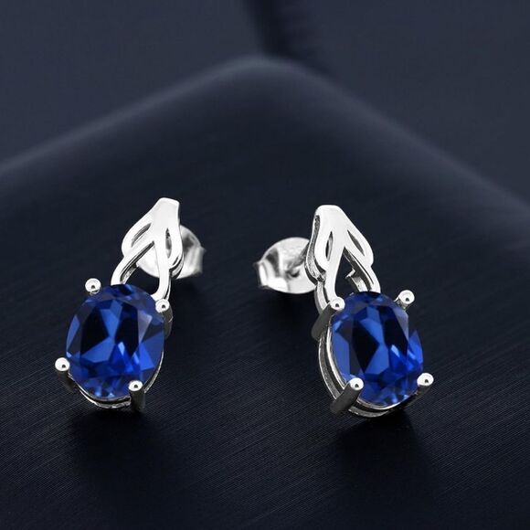 925 Sterling Silver with 4.60 Cttw Royal Blue Sapphire Oval Post Drop Earrings - Picture 2 of 4
